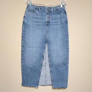 Zara Medium Wash Maxi Denim Front Slit Jean‎ Skirt Button fly Raw Hem Size Large